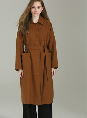 DONEED春款时尚简约翻领休闲腰带款收腰按扣分割袖开叉外套风衣女