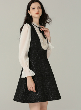 DONEED春款轻奢甜美气质小香风可拆卸蝴蝶结撞色拼接连衣裙女