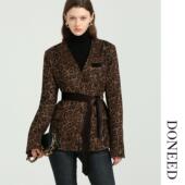 DONEED春款 外套女 设计感无领仿麂皮绒配腰带显瘦豹纹印花西装