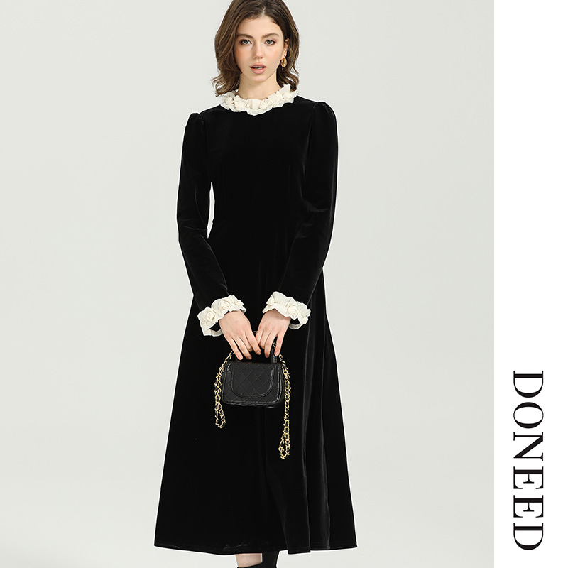 拼接撞色花边设计感丝绒连衣裙