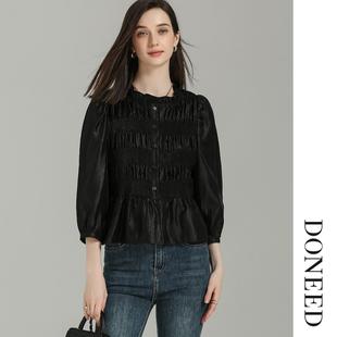 衬衫 荷叶摆蓬松七分袖 女 复古宫廷风花边打揽肌理修身 DONEED秋款