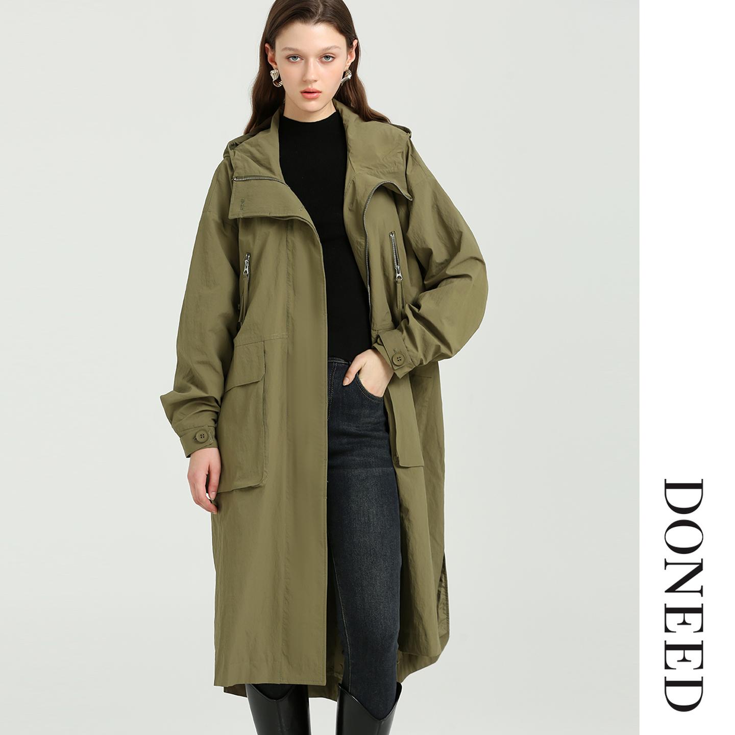 DONEED2025秋款时尚休闲工装连帽插肩长袖拉链口袋长款外套风衣女