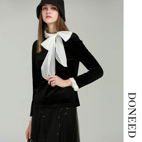 初春赫本风丝绒蝴蝶结飘带衬衫