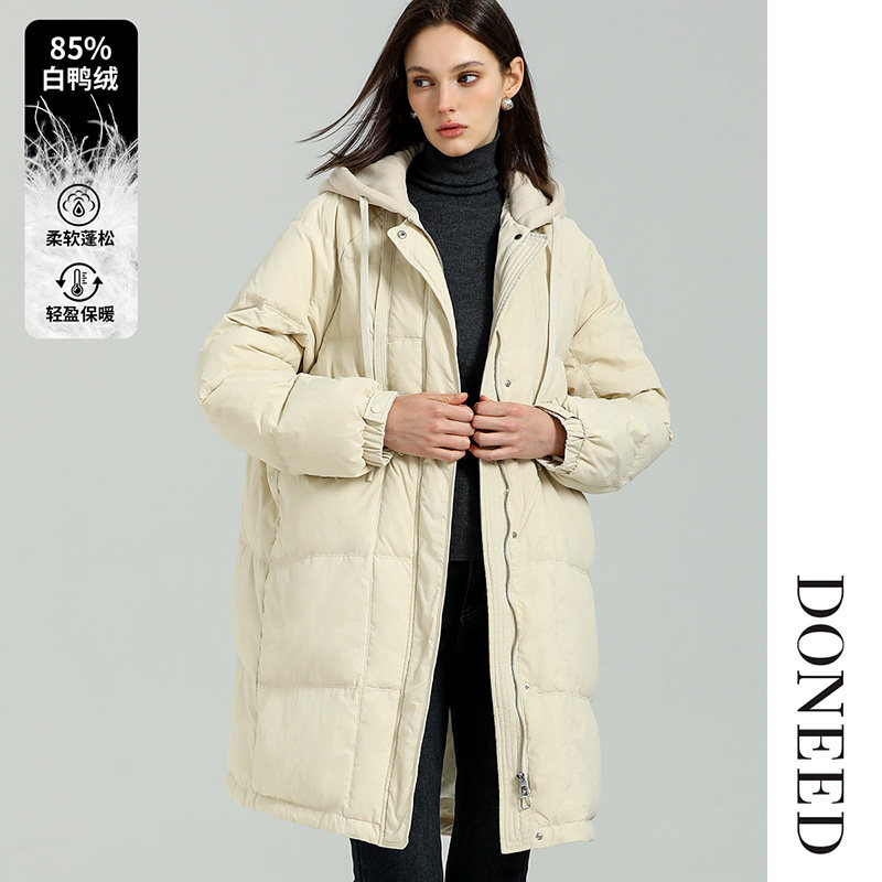DONEED2025冬款时尚休闲拼接针织连帽纯色保暖长款羽绒服女