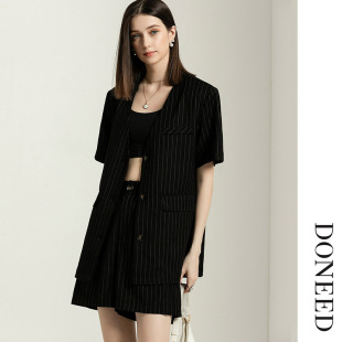 西服上衣短裤 DONEED夏款 条纹短袖 通勤西服套装 气质两件套女 时尚