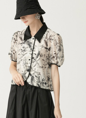 DONEED夏款国风气质水墨晕染植物印花拼接设计百搭短袖衬衫女