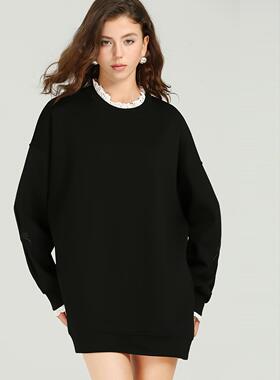 DONEED春圆领撞色花边卫衣廓形长袖连衣裙女