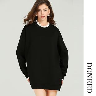 DONEED2025秋冬圆领撞色花边卫衣廓形长袖连衣裙女