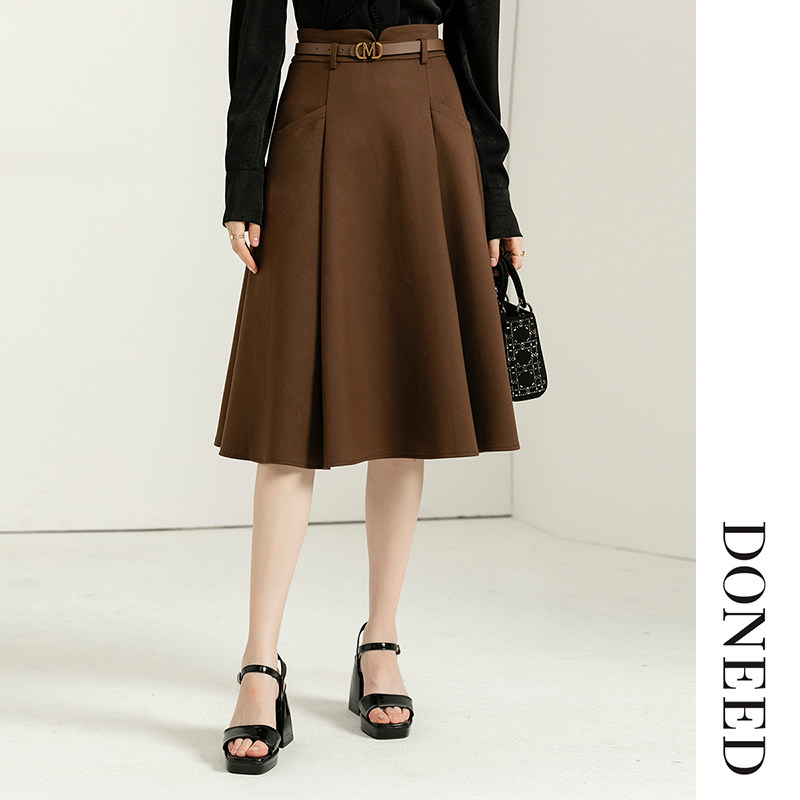 DONEED春款文艺简约配腰带打褶A摆高腰显瘦百搭中长款半身裙女