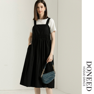 DONEED夏款简约休闲女式套装短袖白T恤背带连衣裙两件套女