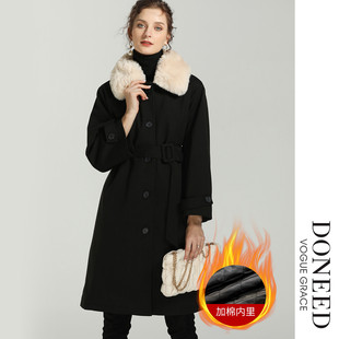 DONEED秋冬款百搭气质减龄可拆卸毛领配腰带加厚夹棉毛呢大衣女