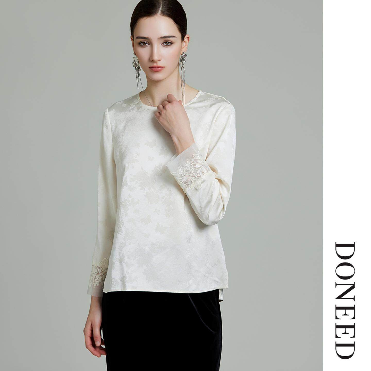 DONEED2026春季新款国风新中式提花拼接蕾丝套头上衣宽松显瘦