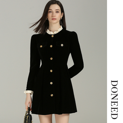 优雅法式木耳领拼接丝绒连衣裙