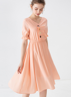 DONEED夏款文艺风设计感打褶装饰收腰显瘦A摆中长款连衣裙女