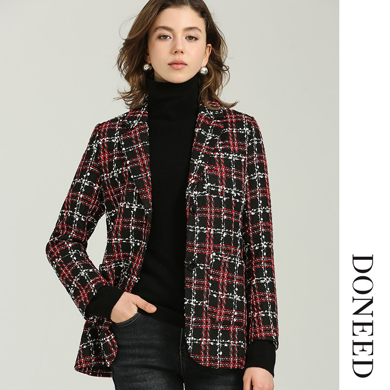 DONEED春秋款气质优雅修身显瘦小香风格纹通勤百搭红色西装外套女,女装/女士精品,短外套,淘宝优惠券,粉丝福利购,淘宝优惠卷