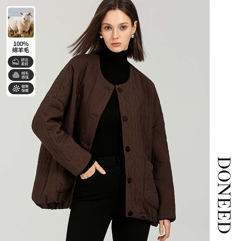 DONEED冬款时尚休闲圆领极简设计感纯色百搭几何绗缝夹棉棉衣女