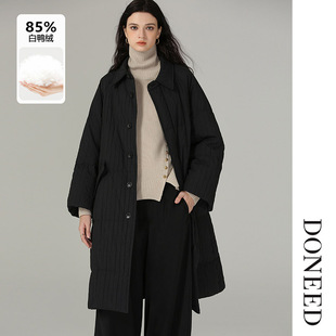 DONEED冬款高级简约宽松廓形翻领竖条纹肌理中长款羽绒服外套女