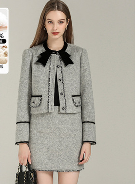 DONEED春款甜美减龄小香风蝴蝶结领外套短裙呢料两件套套装女