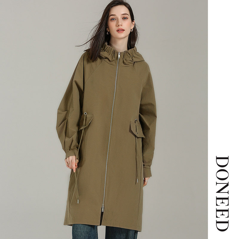 DONEED2025休闲抽绳调节缩褶连帽插肩袖中长款风衣外套女春秋款,女装/女士精品,风衣,淘宝优惠券,粉丝福利购,淘宝优惠卷