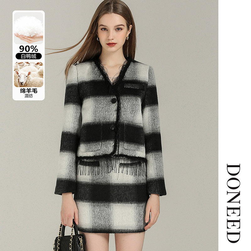 DONEED秋冬格纹毛呢小香风套装V领羽绒外套+包臀短裙两件套女,女装/女士精品,时尚套装,淘宝优惠券,粉丝福利购,淘宝优惠卷