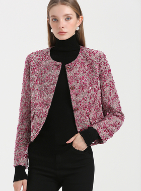 DONEED春优雅气质亮片小香风粗花呢肌理感夹棉圆领外套女