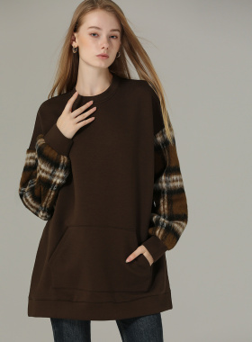 DONEED春款甜酷风毛呢格纹拼接袖子圆领宽松套头加绒卫衣女