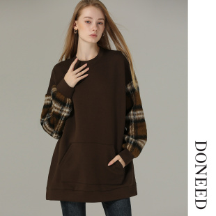DONEED春款甜酷风毛呢格纹拼接袖子圆领宽松套头加绒卫衣女