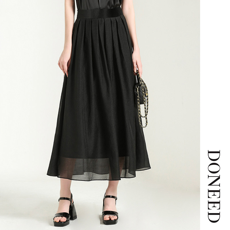 DONEED夏款优雅仙女风气质轻薄飘逸浪漫压褶A摆显瘦中长半身裙女