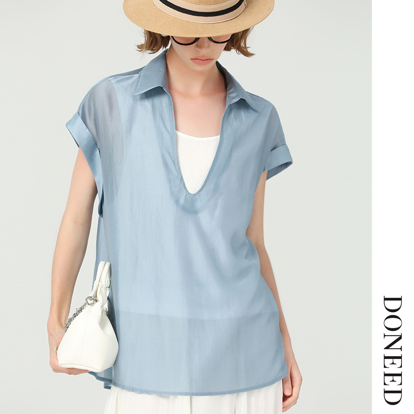 DONEED夏款优雅通勤V领性感内里拼接假两件天丝混纺上衣女