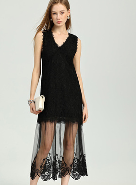 DONEED2026夏优雅假两件V领无袖设计感蕾丝拼接刺绣连衣裙女