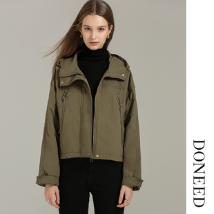 DONEED春款中性风飒爽休闲连帽领拉链口袋短款防风保暖棉衣外套女