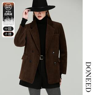DONEED2025冬季新款灯芯绒高级感西装式羽绒服复古显瘦宽松外套女