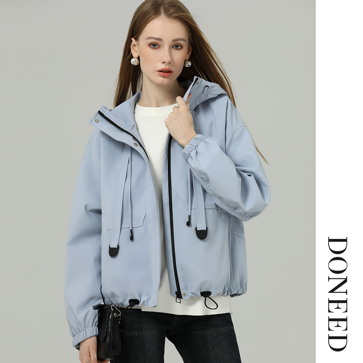 酷帅机能连帽本布抽绳夹克外套女