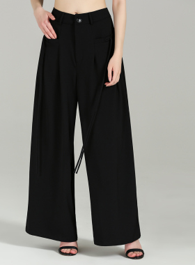 DONEED夏新款时尚休闲设计感飘带手工打褶显瘦百搭阔腿长裤女