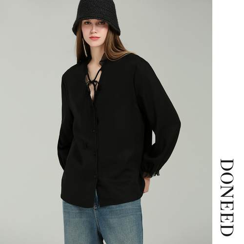 初春法式慵懒木耳边系带衬衫