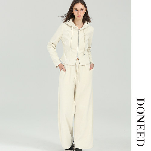 慵懒冬款连帽长裤套装针织加绒