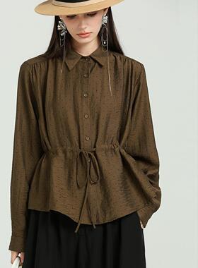 DONEED夏时尚甜美翻领抽绳显瘦设计感波点印花温婉长袖衬衣女