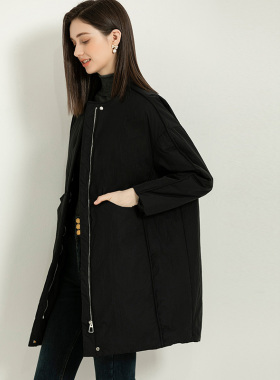 DONEED春款优雅简约风宽松保暖时尚圆领中长款黑色棉服外套女