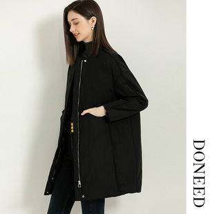 DONEED春款优雅简约风宽松保暖时尚圆领中长款黑色棉服外套女
