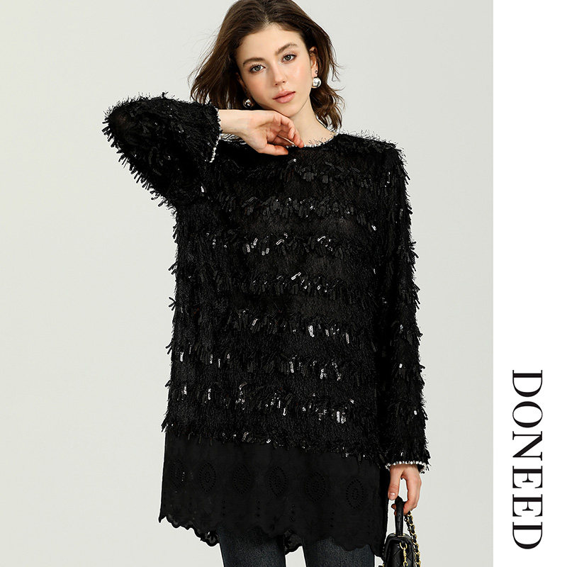 优雅亮片重工钉珠拼接蕾丝上衣女