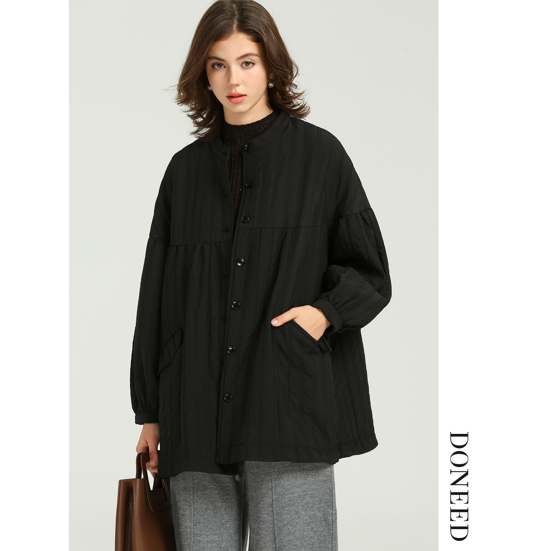 DONEED2025冬季新款高级感气质绗线立领夹棉棉服宽松休闲外套女