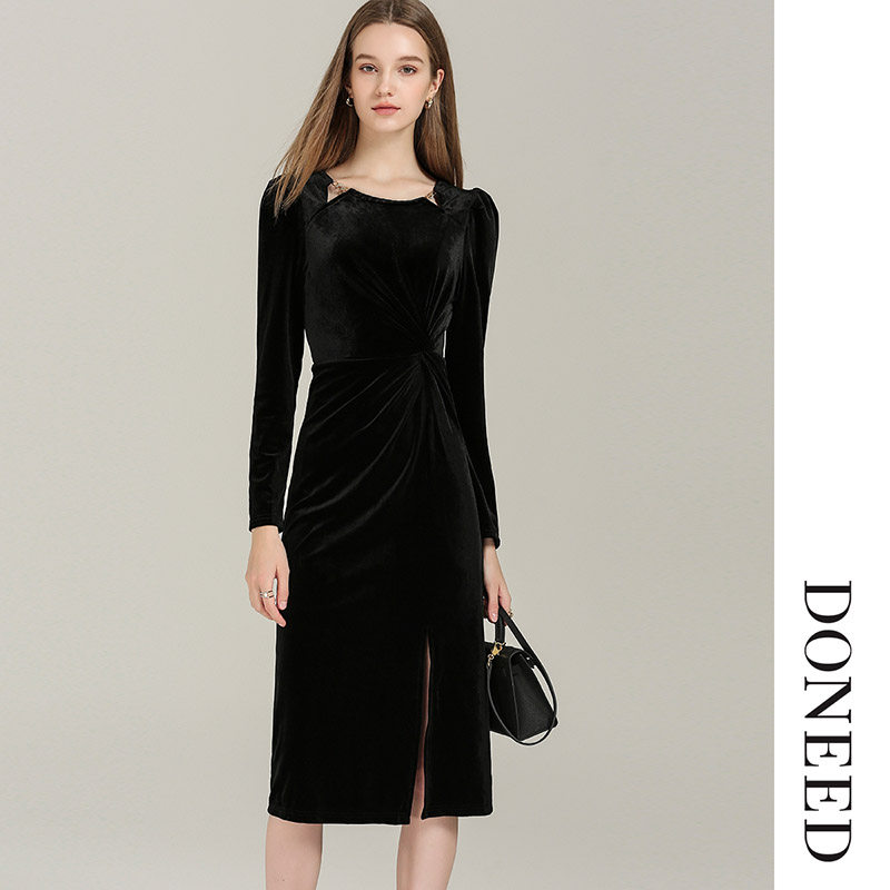 DONEED2025春新款优雅气质修身显瘦扭结开叉长袖丝绒中长连衣裙女,女装/女士精品,连衣裙,淘宝优惠券,粉丝福利购,淘宝优惠卷
