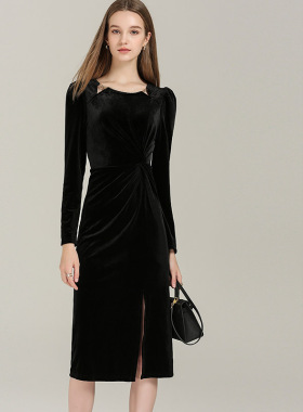 DONEED春新款优雅气质修身显瘦扭结开叉长袖丝绒中长连衣裙女