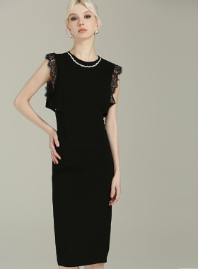 DONEED夏款时尚高级露腰性感蕾丝无袖串珠法式包臀开叉连衣裙女