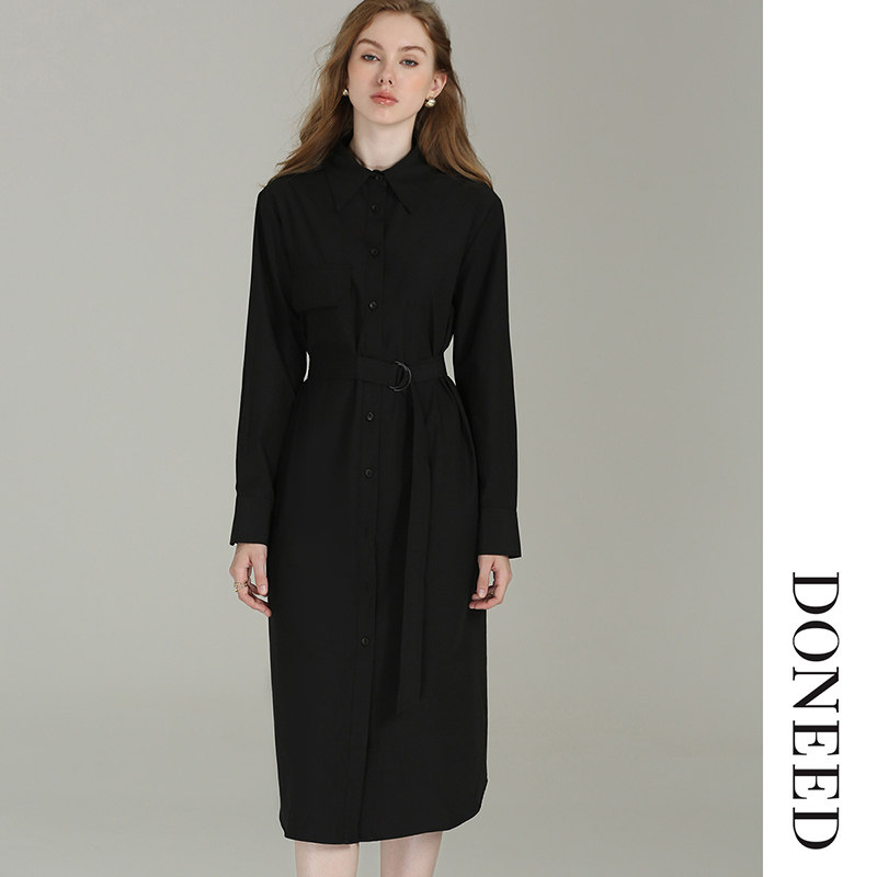 DONEED春款时尚简约纯色翻领衬衣裙设计感系带收腰显瘦连衣裙女