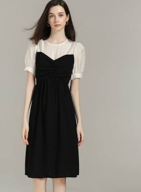 DONEED夏季新款韩版气质轻奢名媛淑女裙收腰裙假两件吊带连衣裙