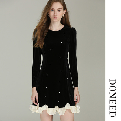 打钻撞色荷叶边修身丝绒连衣裙女