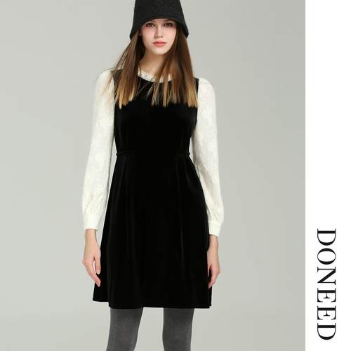 初春丝绒拼接法式复古显瘦连衣裙