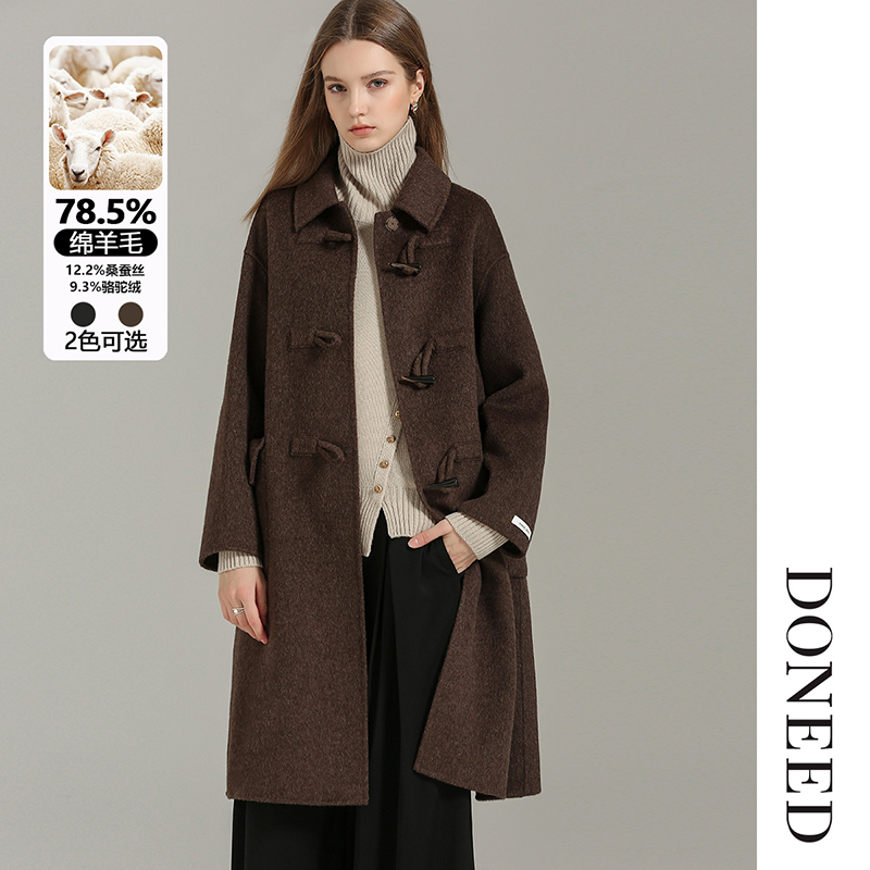 文艺风翻领羊角扣宽松双面呢大衣