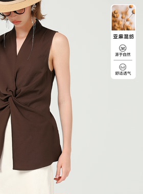 DONEED夏款智性时尚通勤V领扭结系带收腰显瘦开叉马甲上衣女